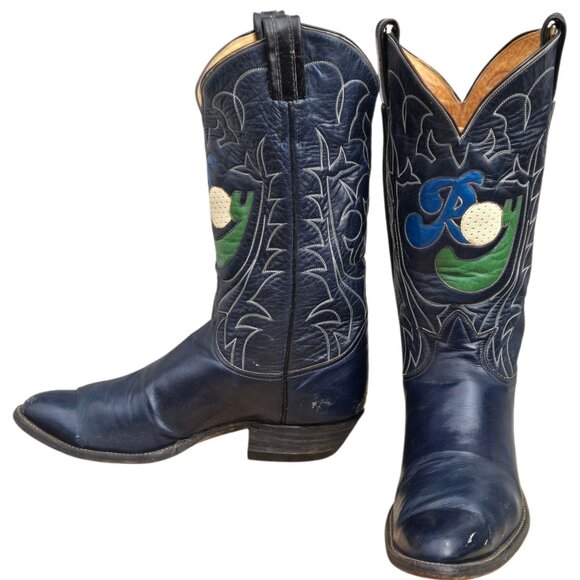 Tony Lama Roy Clark Cowboy Boots Golf Theme Blue Leather Mens 10 D Western Wear